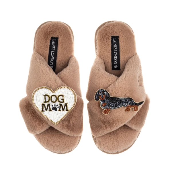 Laines London Classic Laines Slippers With Dog Mum/Mom & Dapple Dachshund Brooches
