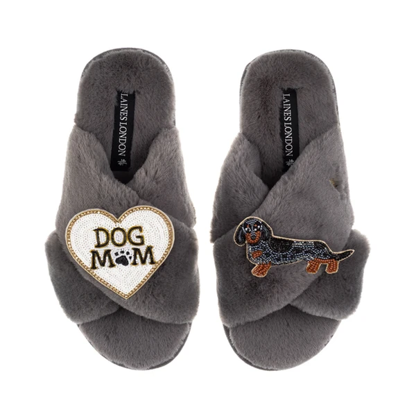 Laines London Classic Laines Slippers With Dog Mum/Mom & Dapple Dachshund Brooches