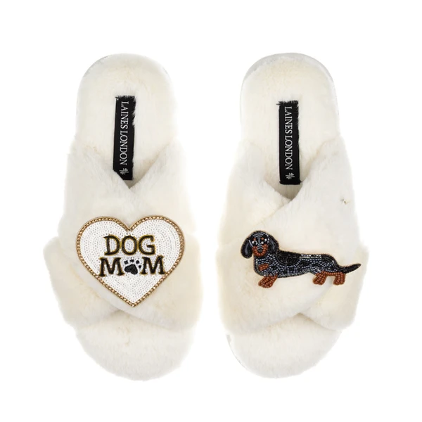 laines london Classic Laines Slippers With Dog Mum/Mom & Dapple Dachshund Brooches