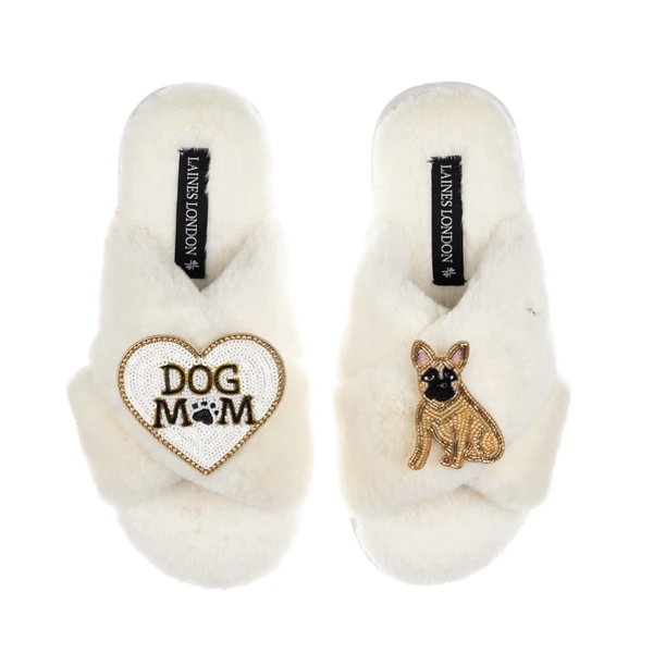 Laines London Classic Laines Slippers With Dog Mum/Mom & Fawn Sitting French Bulldog Brooches