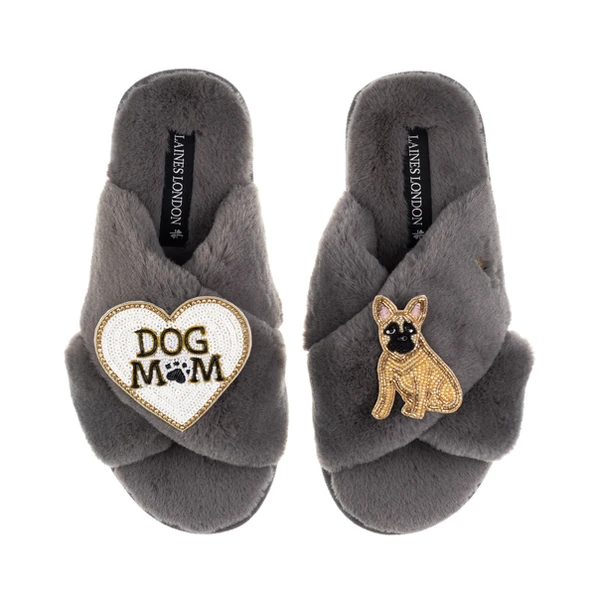 Laines London Classic Laines Slippers With Dog Mum/Mom & Fawn Sitting French Bulldog Brooches