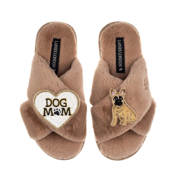 laines london Classic Laines Slippers With Dog Mum/Mom & Fawn Sitting French Bulldog Brooches