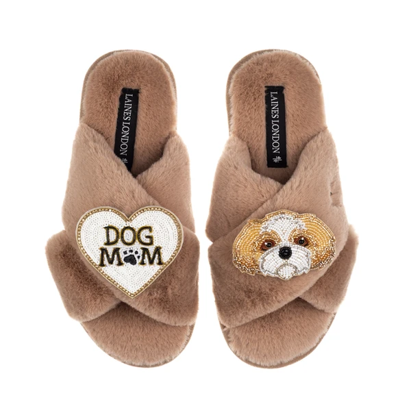 Laines London Classic Laines Slippers With Dog Mum / Mom & Gold & White Shih Tzu Brooches