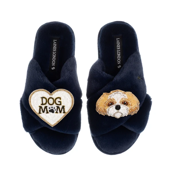 Laines London Classic Laines Slippers With Dog Mum / Mom & Gold & White Shih Tzu Brooches