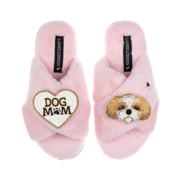 Laines London Classic Laines Slippers With Dog Mum / Mom & Gold & White Shih Tzu Brooches