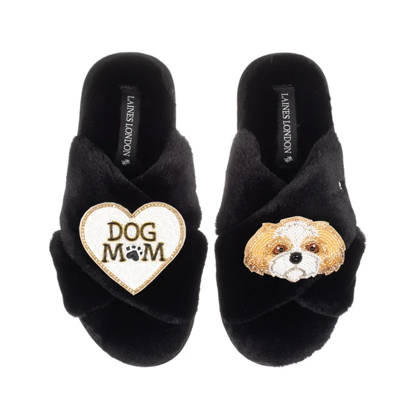 laines london Classic Laines Slippers With Dog Mum / Mom & Gold & White Shih Tzu Brooches