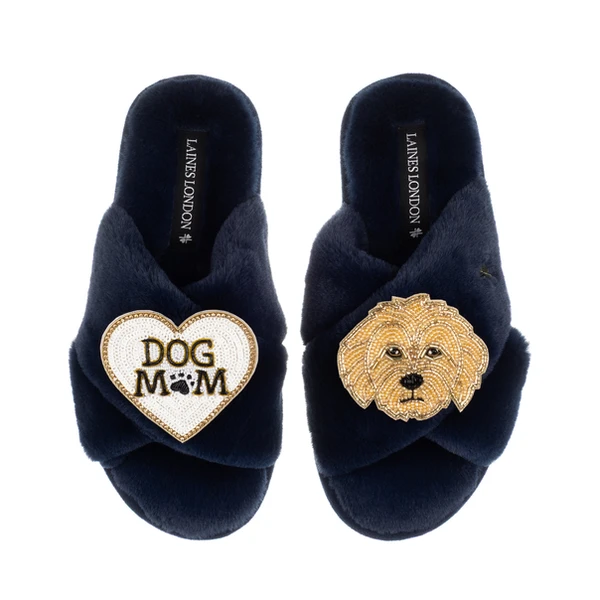 Laines London Classic Laines Slippers With Dog Mum / Mom & Golden Cockapoo Brooches
