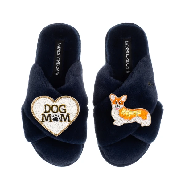 Laines London Classic Laines Slippers With Dog Mum/Mom & Peach The Corgi Brooches