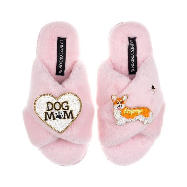 Laines London Classic Laines Slippers With Dog Mum/Mom & Peach The Corgi Brooches