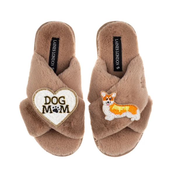 Laines London Classic Laines Slippers With Dog Mum/Mom & Peach The Corgi Brooches
