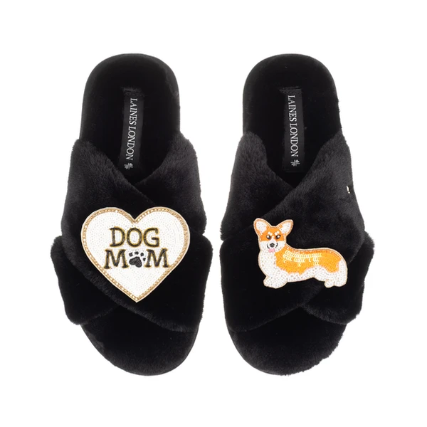 laines london Classic Laines Slippers With Dog Mum/Mom & Peach The Corgi Brooches