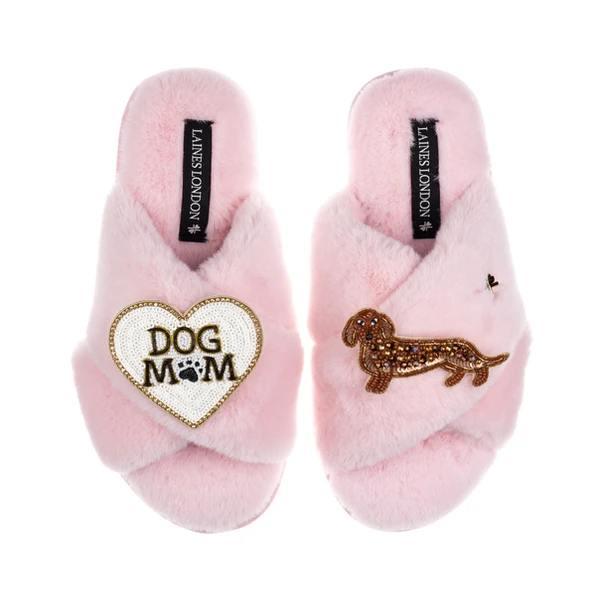 Laines London Classic Laines Slippers With Dog Mum/Mom & Red Dachshund Brooches