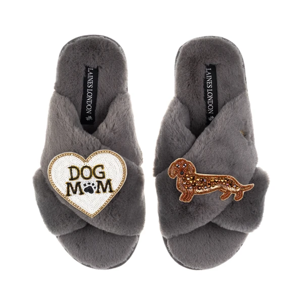 Laines London Classic Laines Slippers With Dog Mum/Mom & Red Dachshund Brooches