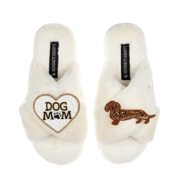 laines london Classic Laines Slippers With Dog Mum/Mom & Red Dachshund Brooches