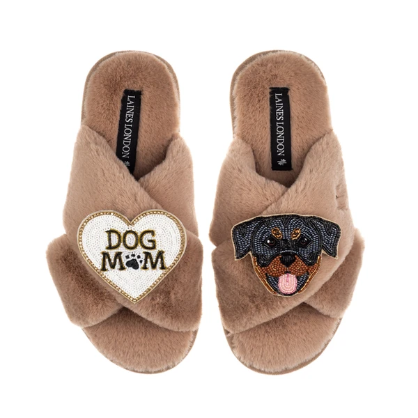 Laines London Classic Laines Slippers With Dog Mum / Mom & Rottweiler Brooches