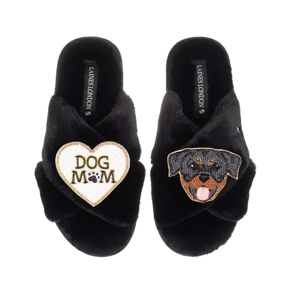 laines london Classic Laines Slippers With Dog Mum / Mom & Rottweiler Brooches