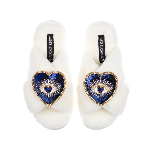 Laines London Classic Laines Slippers With Double Blue Heart Eye Brooches