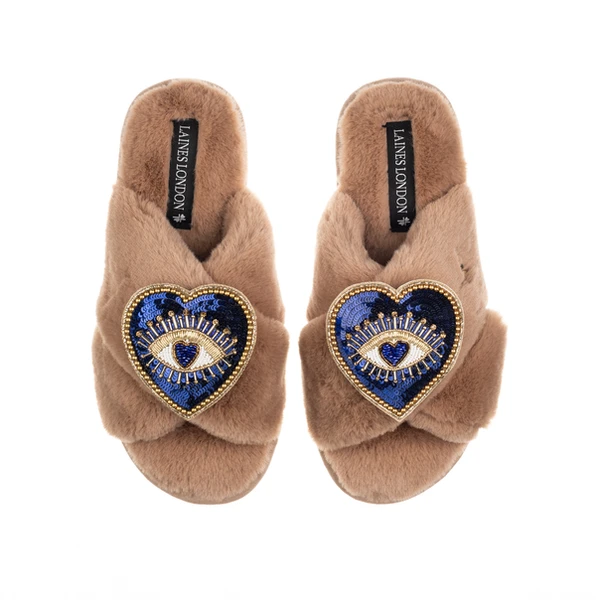 Laines London Classic Laines Slippers With Double Blue Heart Eye Brooches