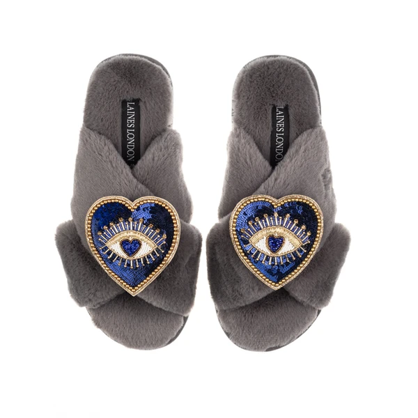 Laines London Classic Laines Slippers With Double Blue Heart Eye Brooches
