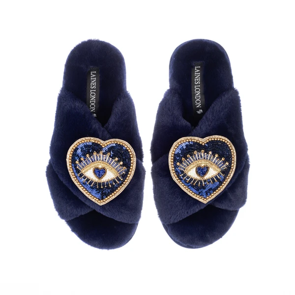 laines london Classic Laines Slippers With Double Blue Heart Eye Brooches