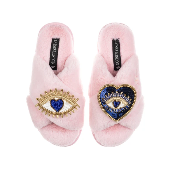 Laines London Classic Laines Slippers With Double Blue Heart & Love Eye Brooches