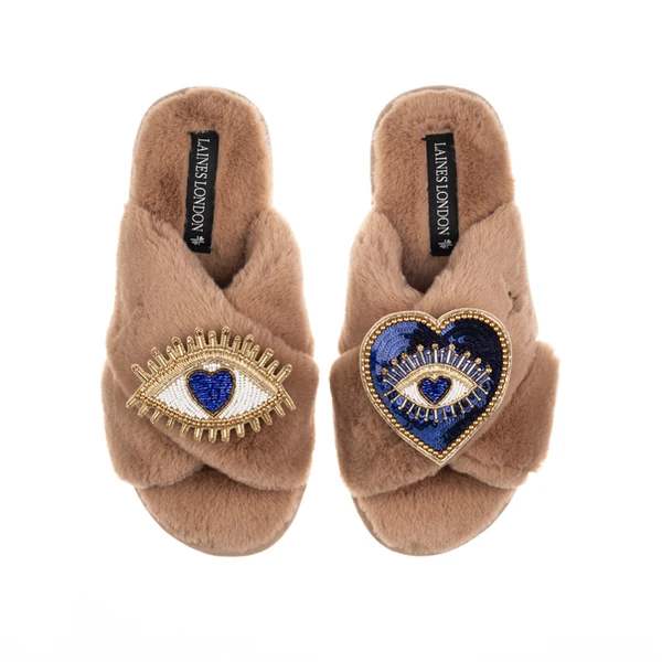 Laines London Classic Laines Slippers With Double Blue Heart & Love Eye Brooches