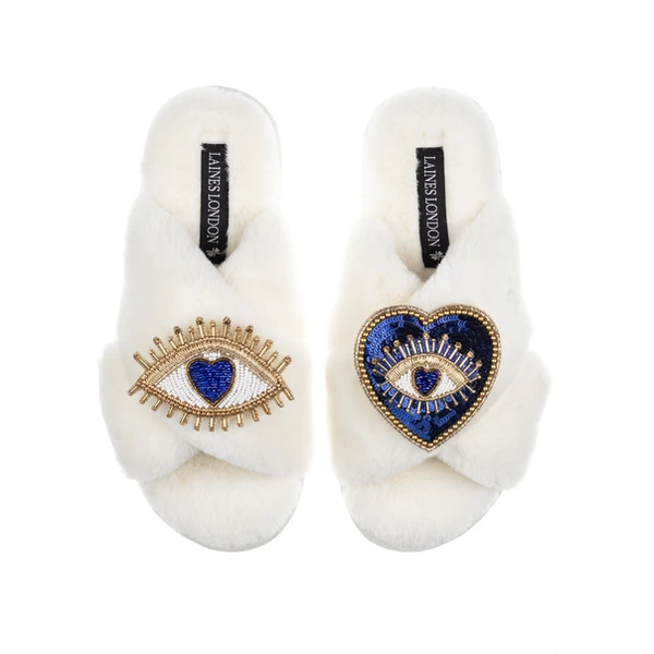 Laines London Classic Laines Slippers With Double Blue Heart & Love Eye Brooches