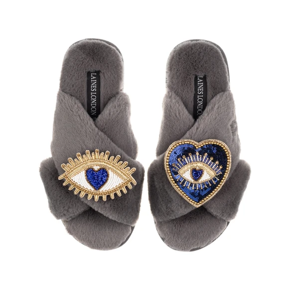 laines london Classic Laines Slippers With Double Blue Heart & Love Eye Brooches