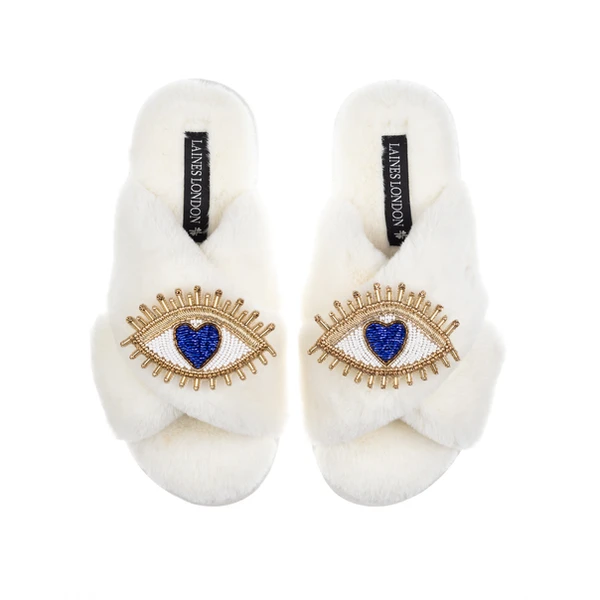 Laines London Classic Laines Slippers With Double Blue Love Eye Brooches