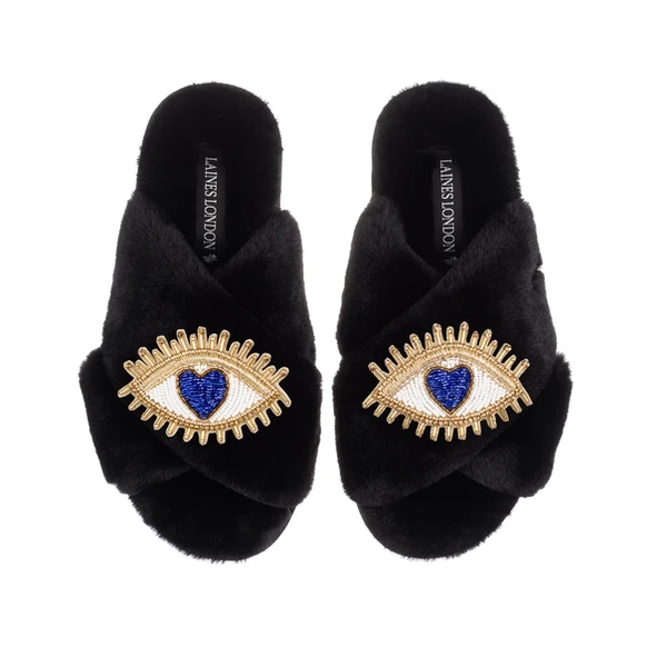 Laines London Classic Laines Slippers With Double Blue Love Eye Brooches
