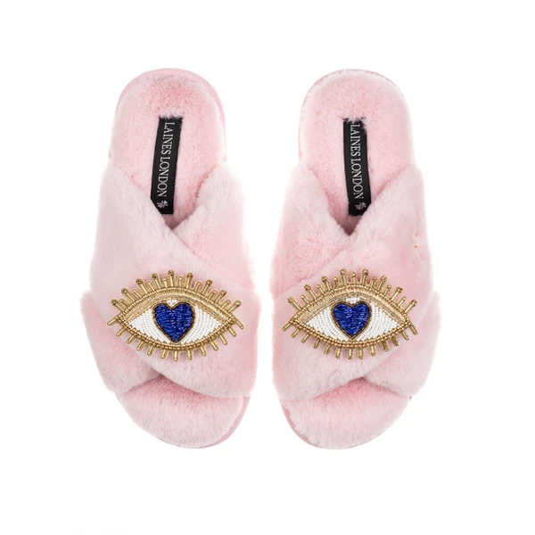 Laines London Classic Laines Slippers With Double Blue Love Eye Brooches