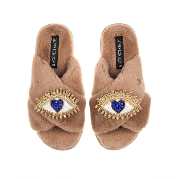laines london Classic Laines Slippers With Double Blue Love Eye Brooches