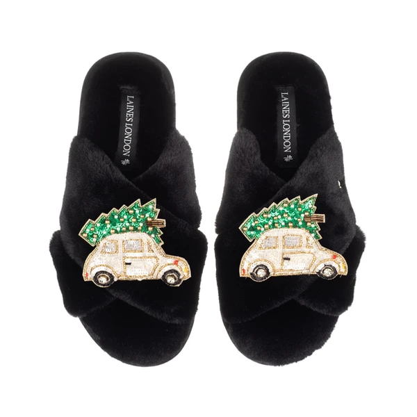 Laines London Classic Laines Slippers With Double Cream & Gold Christmas Car Brooches