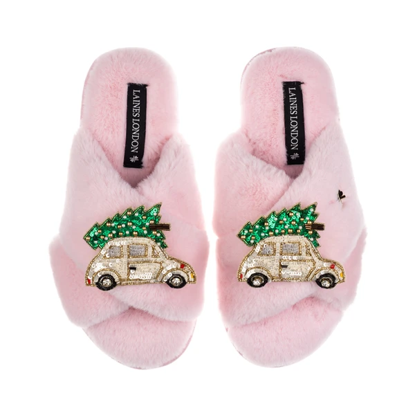 Laines London Classic Laines Slippers With Double Cream & Gold Christmas Car Brooches