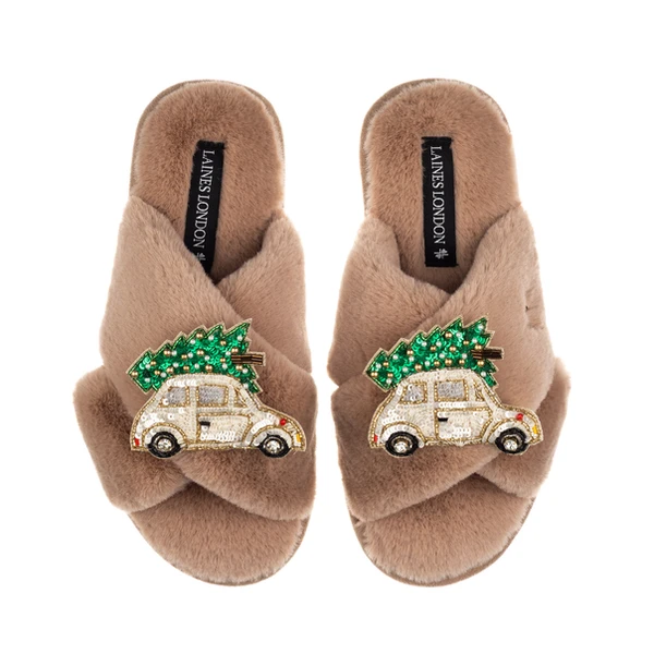 Laines London Classic Laines Slippers With Double Cream & Gold Christmas Car Brooches