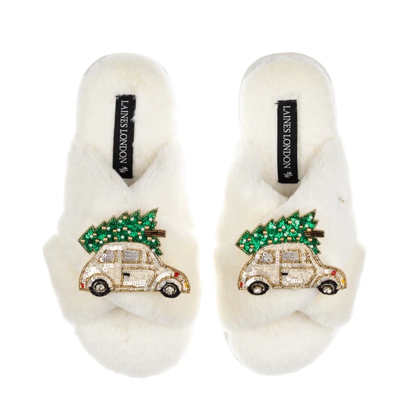 laines london Classic Laines Slippers With Double Cream & Gold Christmas Car Brooches