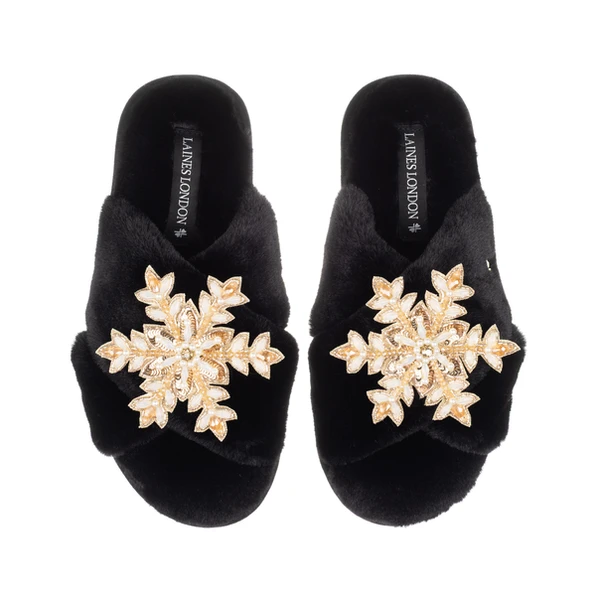 Laines London Classic Laines Slippers With Double Cream & Gold Snowflake Brooches