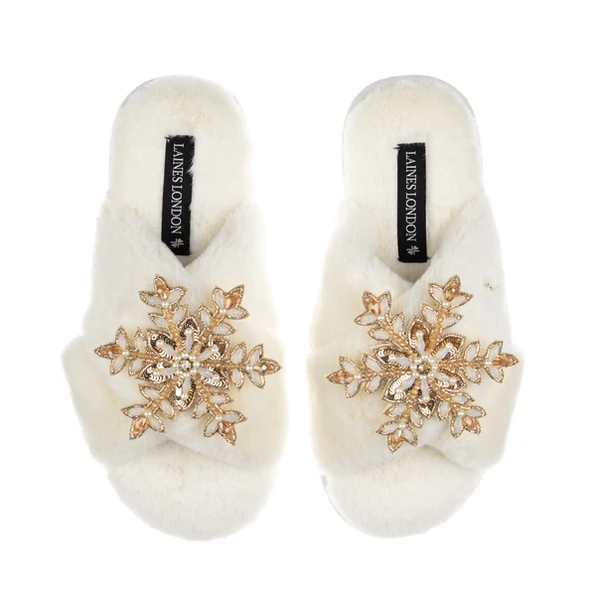 Laines London Classic Laines Slippers With Double Cream & Gold Snowflake Brooches