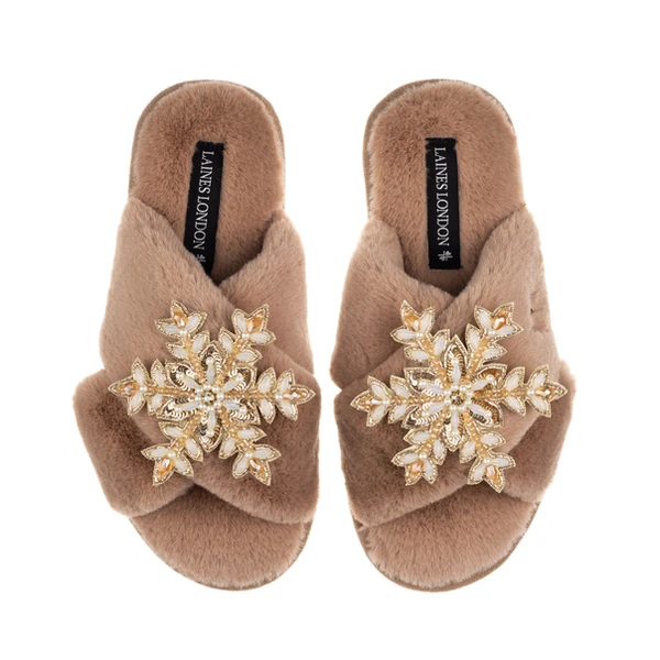 laines london Classic Laines Slippers With Double Cream & Gold Snowflake Brooches