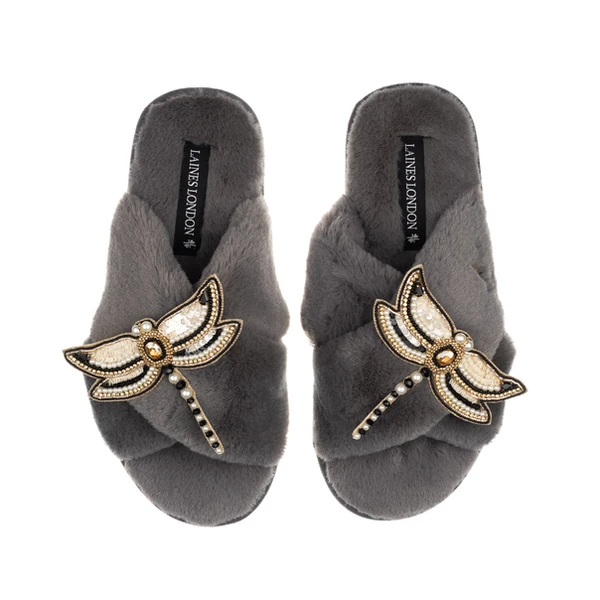 Laines London Classic Laines Slippers With Double Dragonfly Brooches