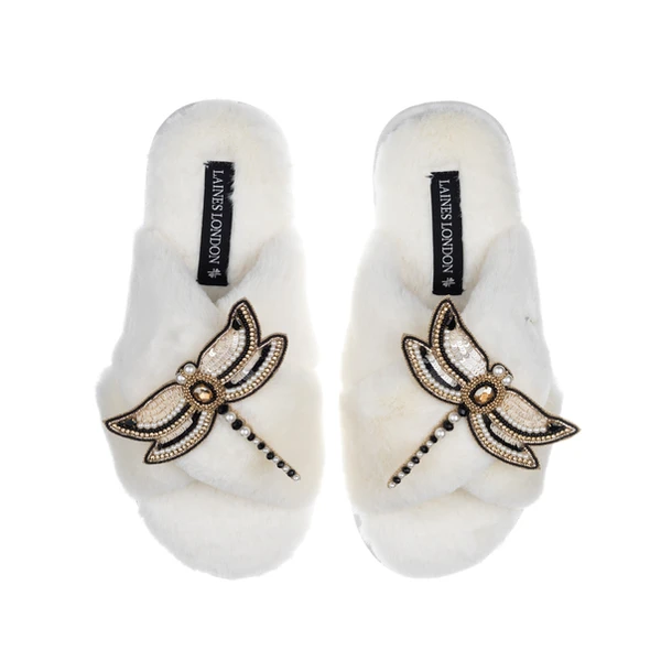 Laines London Classic Laines Slippers With Double Dragonfly Brooches