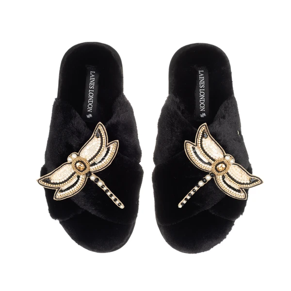 Laines London Classic Laines Slippers With Double Dragonfly Brooches