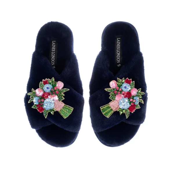 Laines London Classic Laines Slippers With Double Floral Bouquet Brooches
