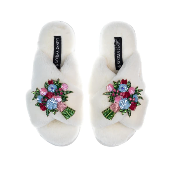 Laines London Classic Laines Slippers With Double Floral Bouquet Brooches