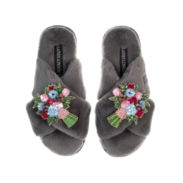Laines London Classic Laines Slippers With Double Floral Bouquet Brooches