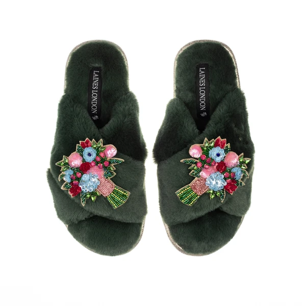 laines london Classic Laines Slippers With Double Floral Bouquet Brooches