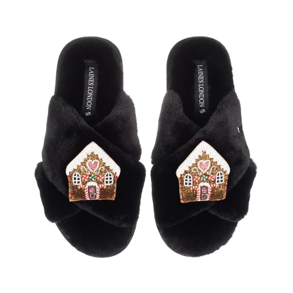 Laines London Classic Laines Slippers With Double Gingerbread House Brooches