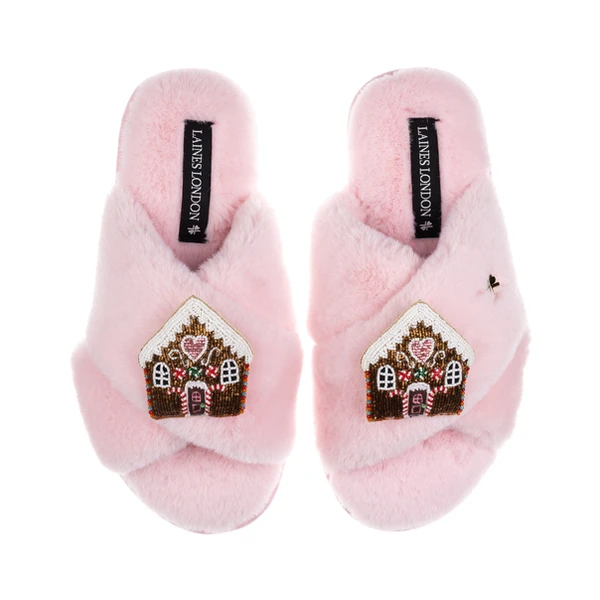 Laines London Classic Laines Slippers With Double Gingerbread House Brooches