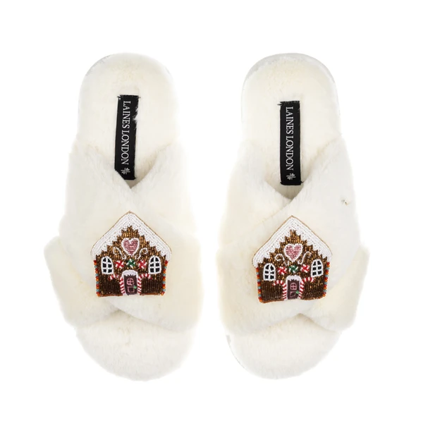 Laines London Classic Laines Slippers With Double Gingerbread House Brooches