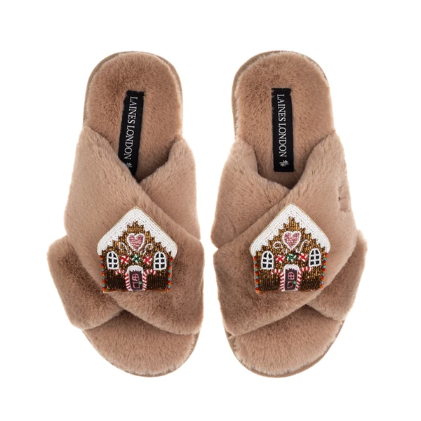 laines london Classic Laines Slippers With Double Gingerbread House Brooches